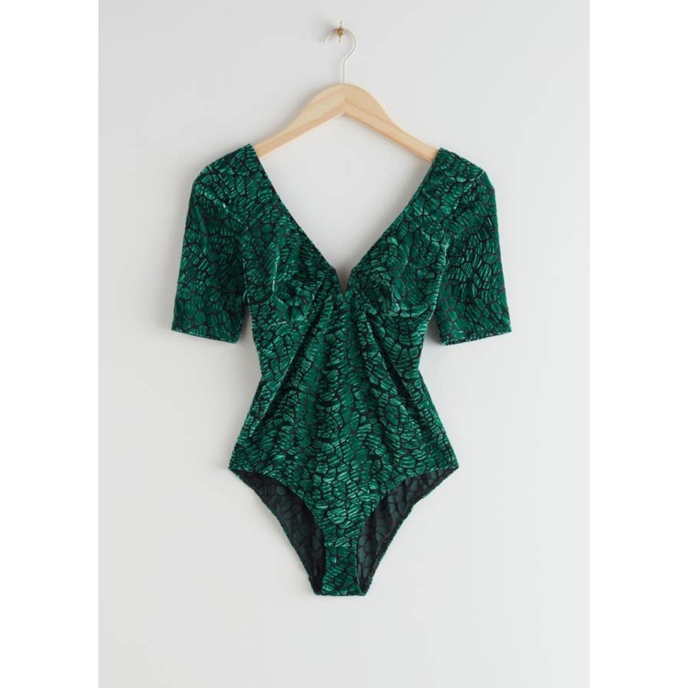 & Other Stories Green Patterned V-Neck Bodysuit